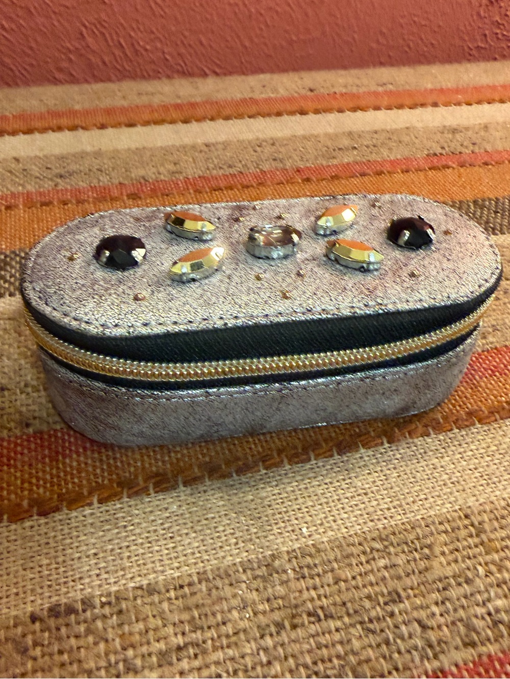 Neiman Marcus Metallic Jeweled Zippered Travel Case with Mirror Luxury Box